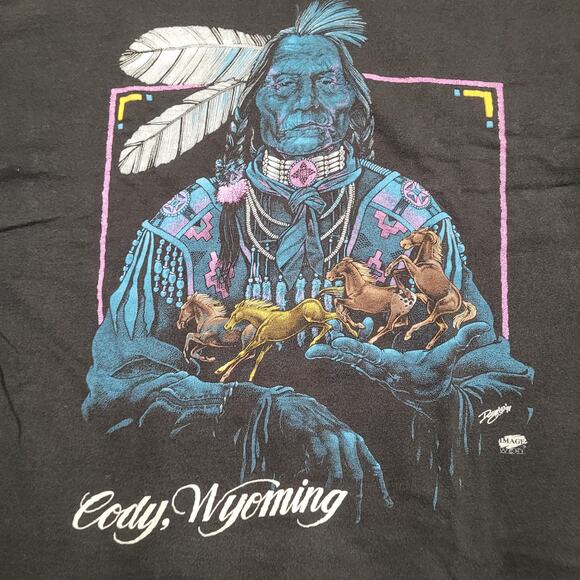 VTG 90s Native American Vaporwave T-Shirt Mens L Single Stitch Cropped Raw Hem - Picture 2 of 10